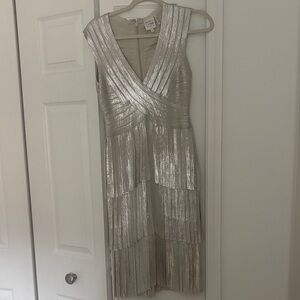 Herve Leger Metallic Silver Tiered Midi Dress